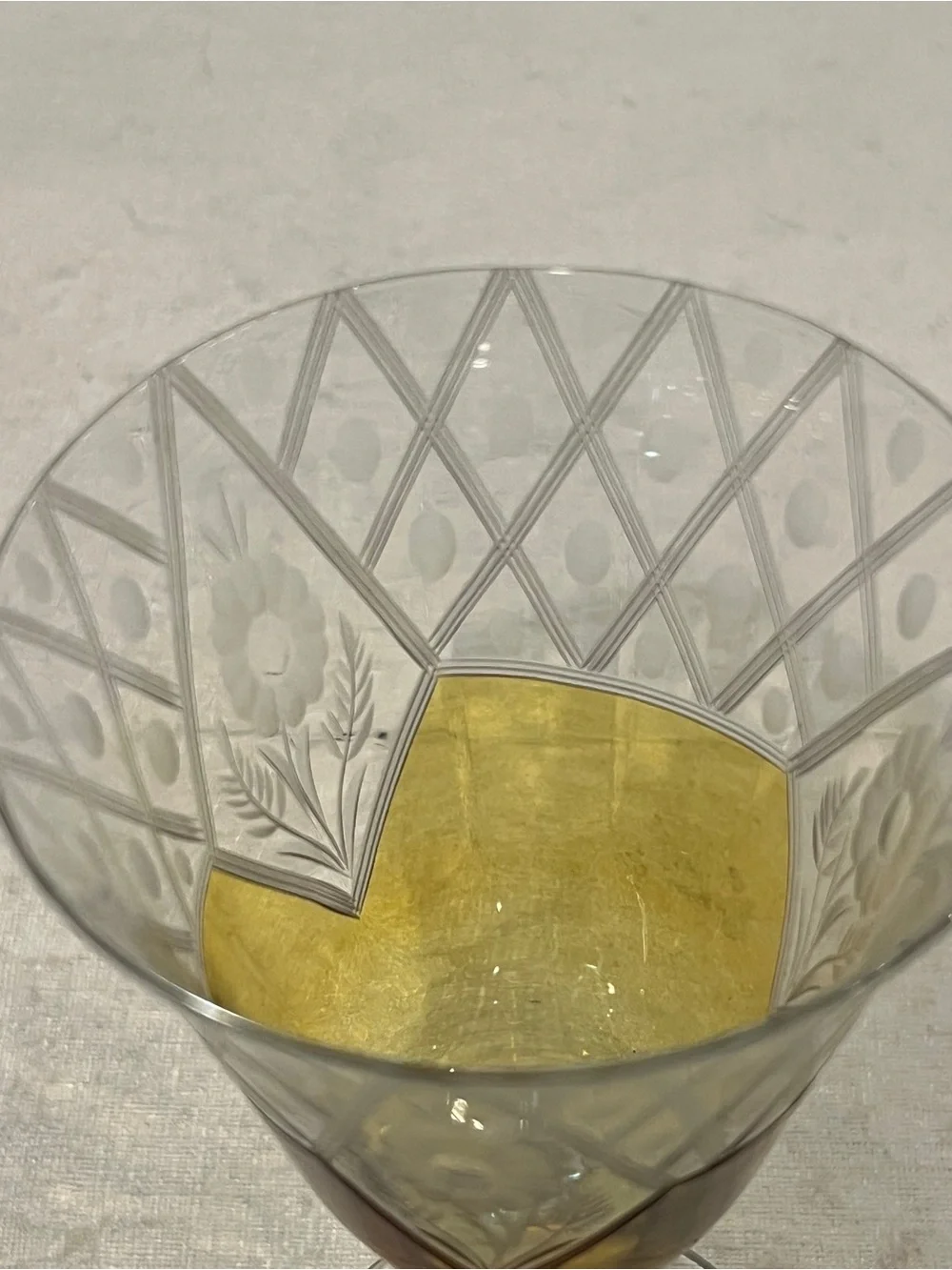 Vintage MCM Cut Crystal floral Yellow Wine Glasses - Set of 2. Gorgeous!